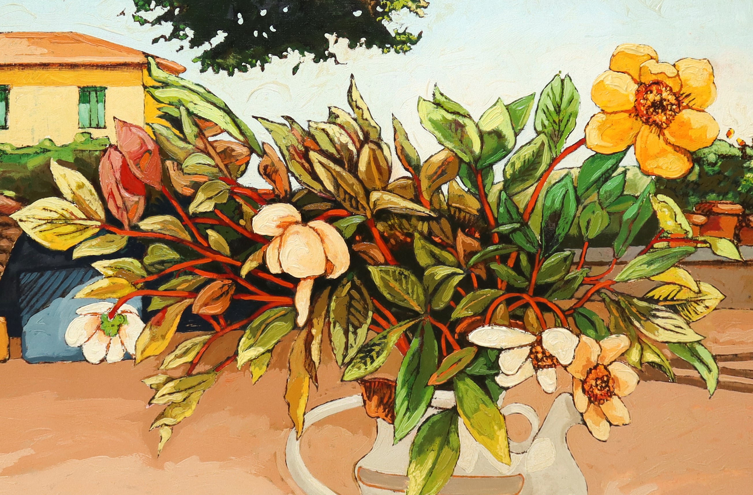 Vaso di fiori con albero e casa