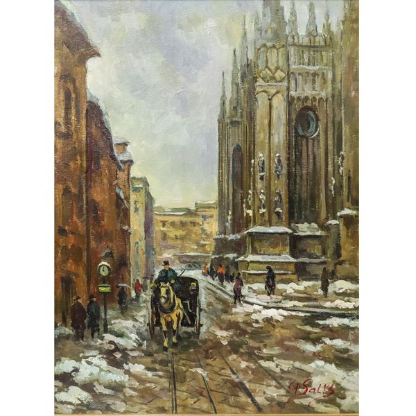 Giuseppe Salvi - Carrozza con passanti al Duomo di Milano