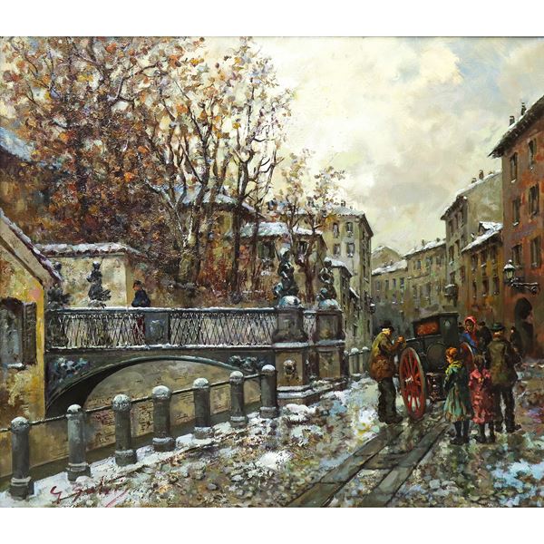 Giuseppe Salvi - Paesaggio innevato con passanti