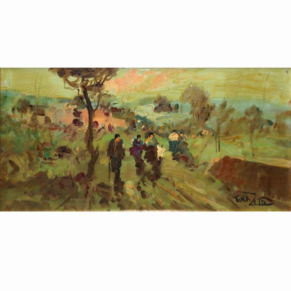 Strada di campagna con alberi e passanti Dipinto a firma Tina Zito