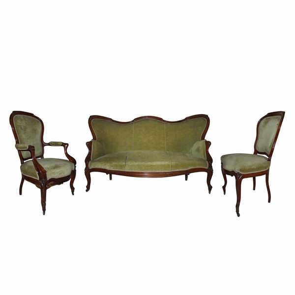 Divano tapezzato velluto verde + 2 sedie + 1 poltrona