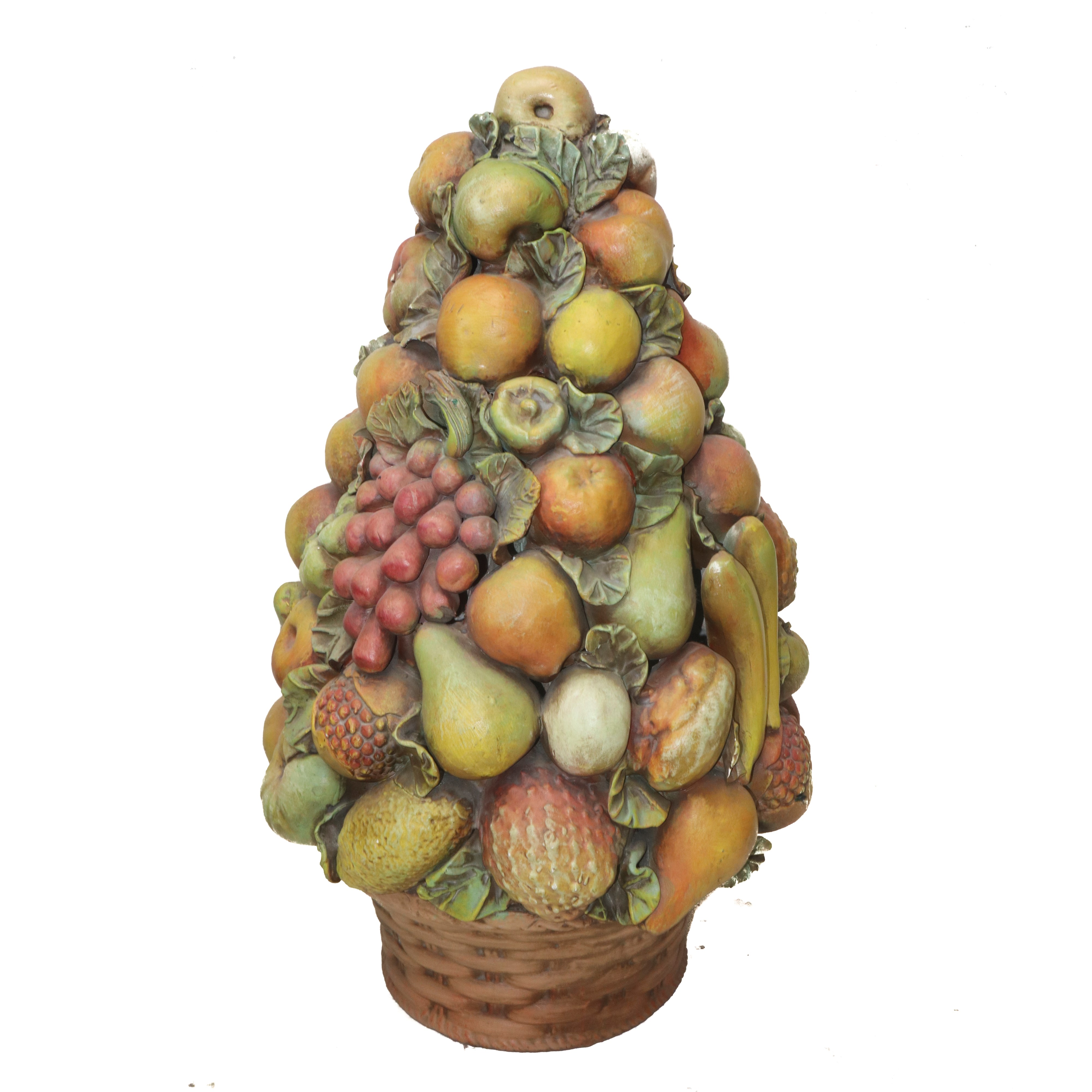 Trionfo di frutta in terracotta policroma, con cesto alla base