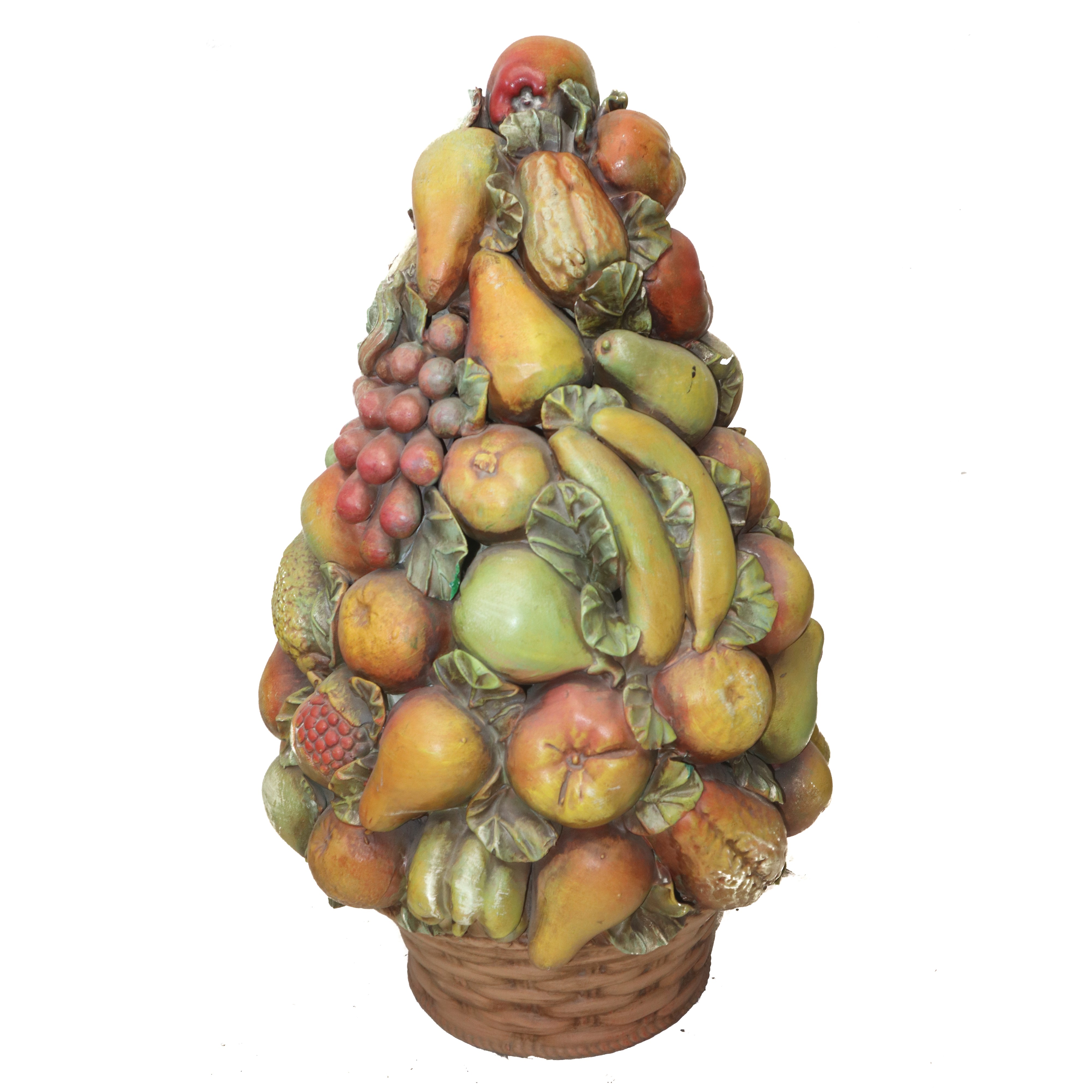 Trionfo di frutta in terracotta policroma, con cesto alla base