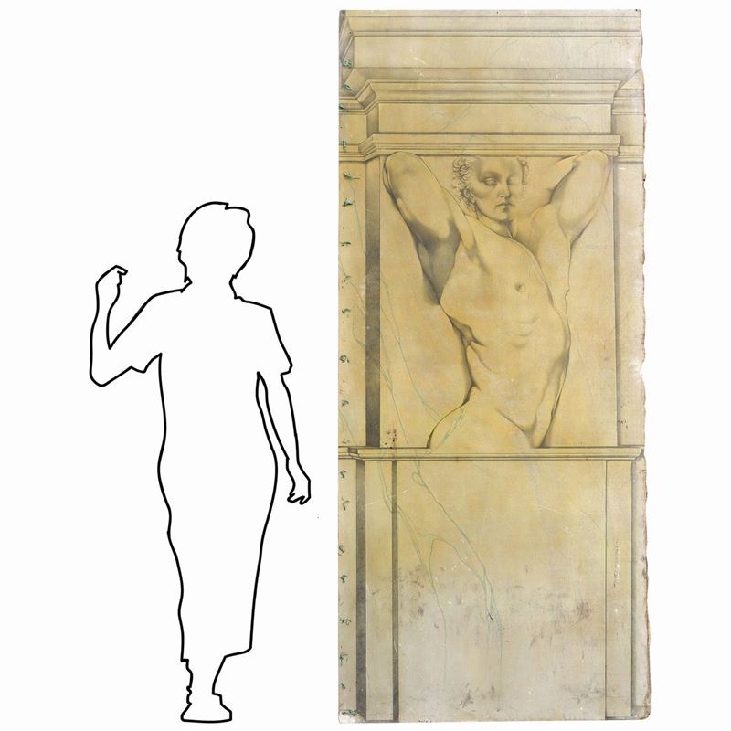Grande Pannello in Legno con Raffigurazione di Nudo di Uomo