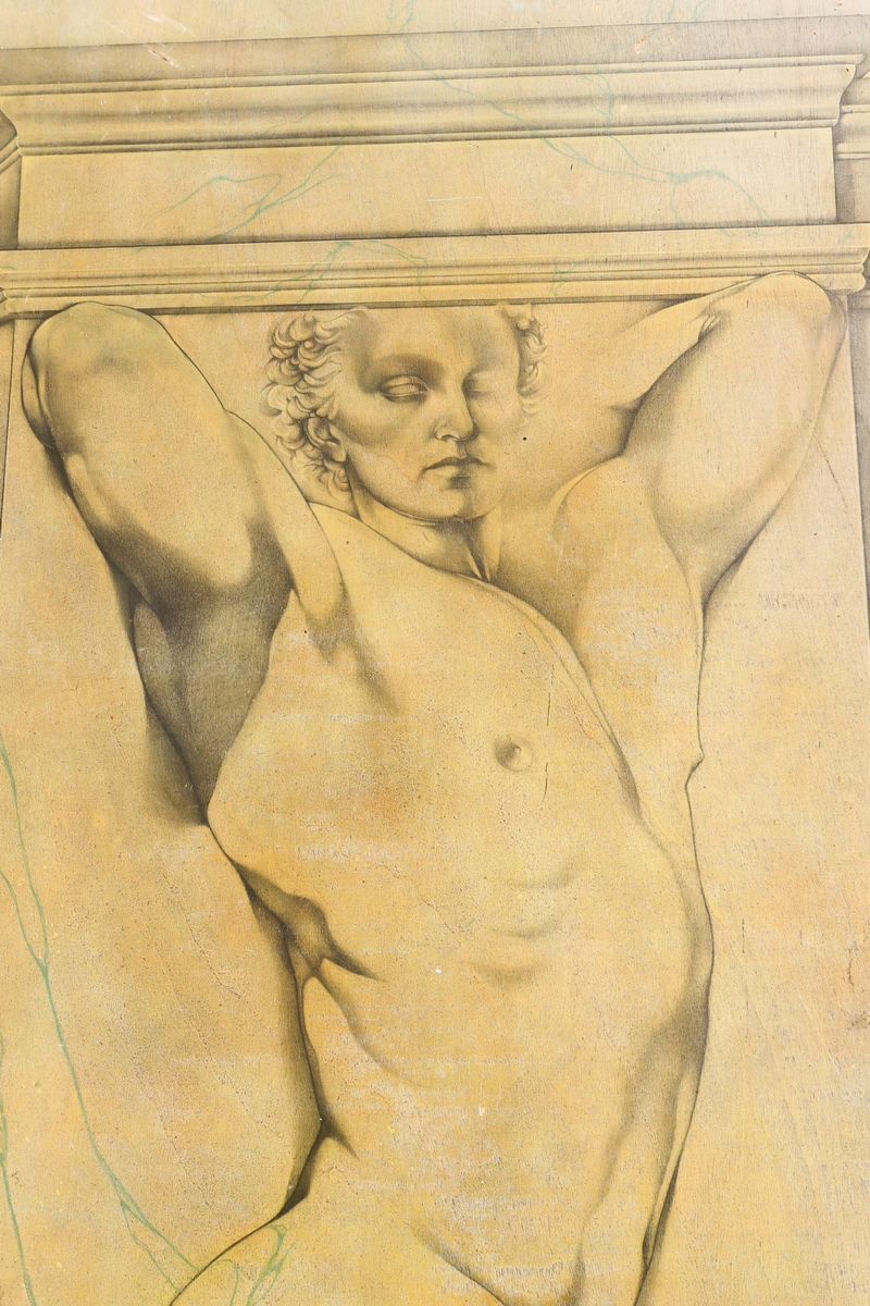 Grande Pannello in Legno con Raffigurazione di Nudo di Uomo