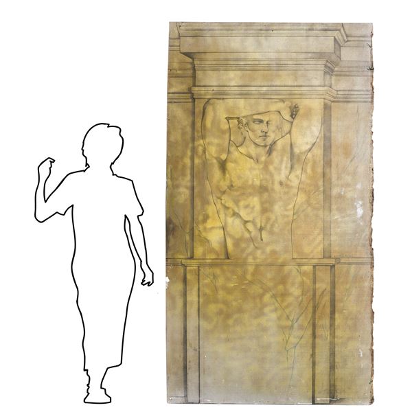 Large wooden panel with depiction of a naked man