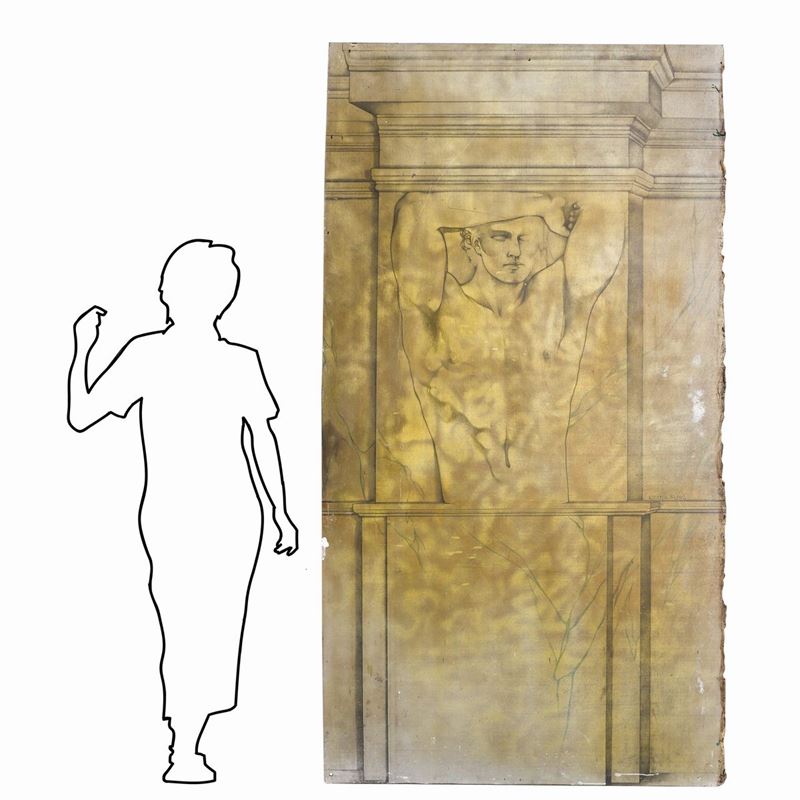 Grande Pannello in Legno con Raffigurazione di Nudo di Uomo