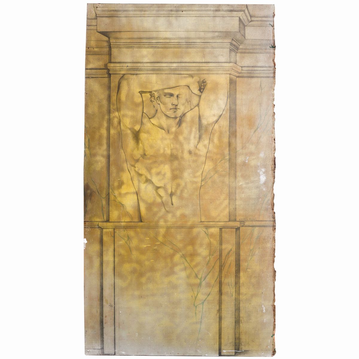 Grande Pannello in Legno con Raffigurazione di Nudo di Uomo