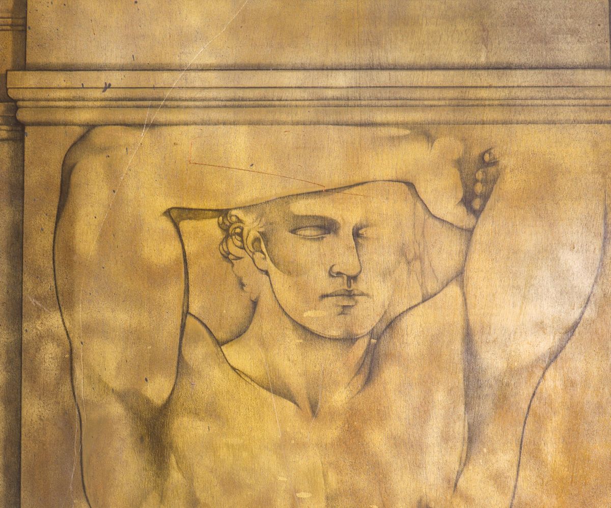 Grande Pannello in Legno con Raffigurazione di Nudo di Uomo