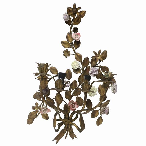 Capodimonte - 4-light wall lamp in gold metal with Capodimonte porcelain flower applications