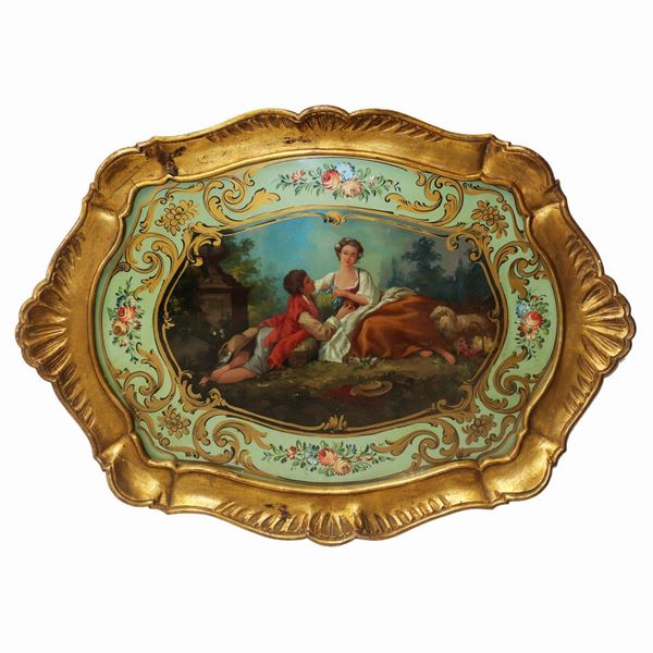 Tray with gilded wooden edge and wooden top painted with genre scenes