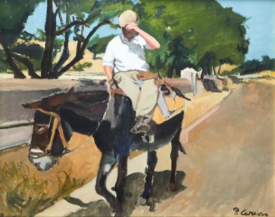 P. Caruso, Uomo su un asino, olio su tela