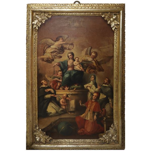 Madonna of the rosary with baby Jesus, angels and saints