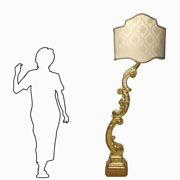 Large wooden fragment gilded with pure gold leaf adapted to a lamp