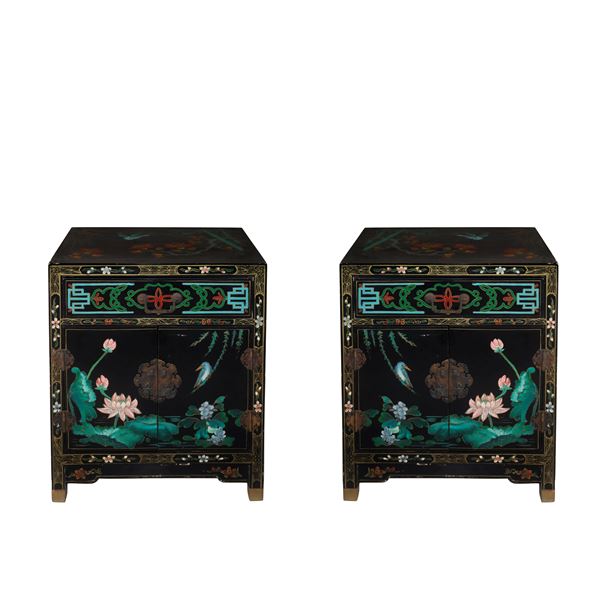 Pair of Chinese cabinets in lacquered and hand painted wood