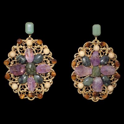 Orecchini Metallo Dorato con Pietre Dure Ametiste Corniole e Giade