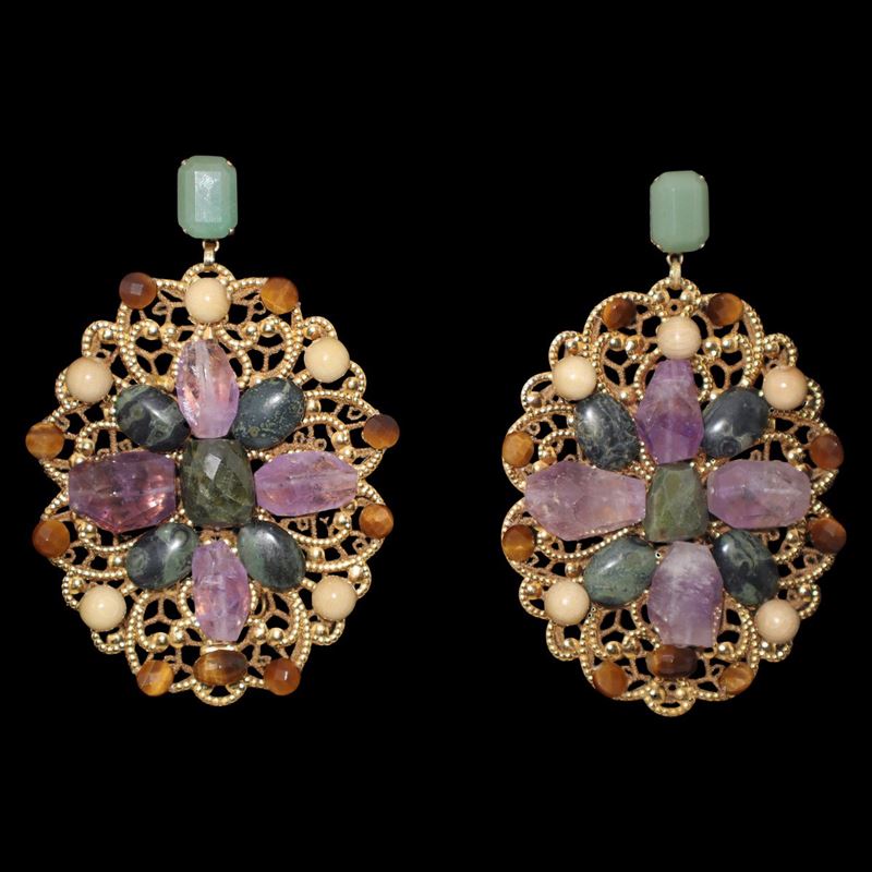Dolce & Gabbana - Orecchini Metallo Dorato con Pietre Dure Ametiste Corniole e Giade