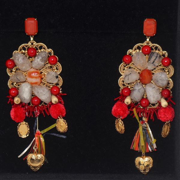 Dolce &amp; Gabbana - Golden metal earrings with semi-precious stones and heart-shaped pendant