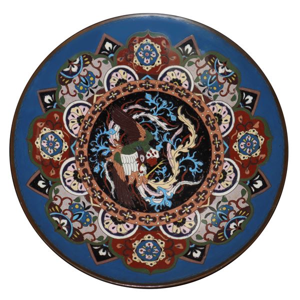 Royal Satsuma &#34217;&#25705;&#28988; - Piatto nei toni del blu con decoro floreale e fenice