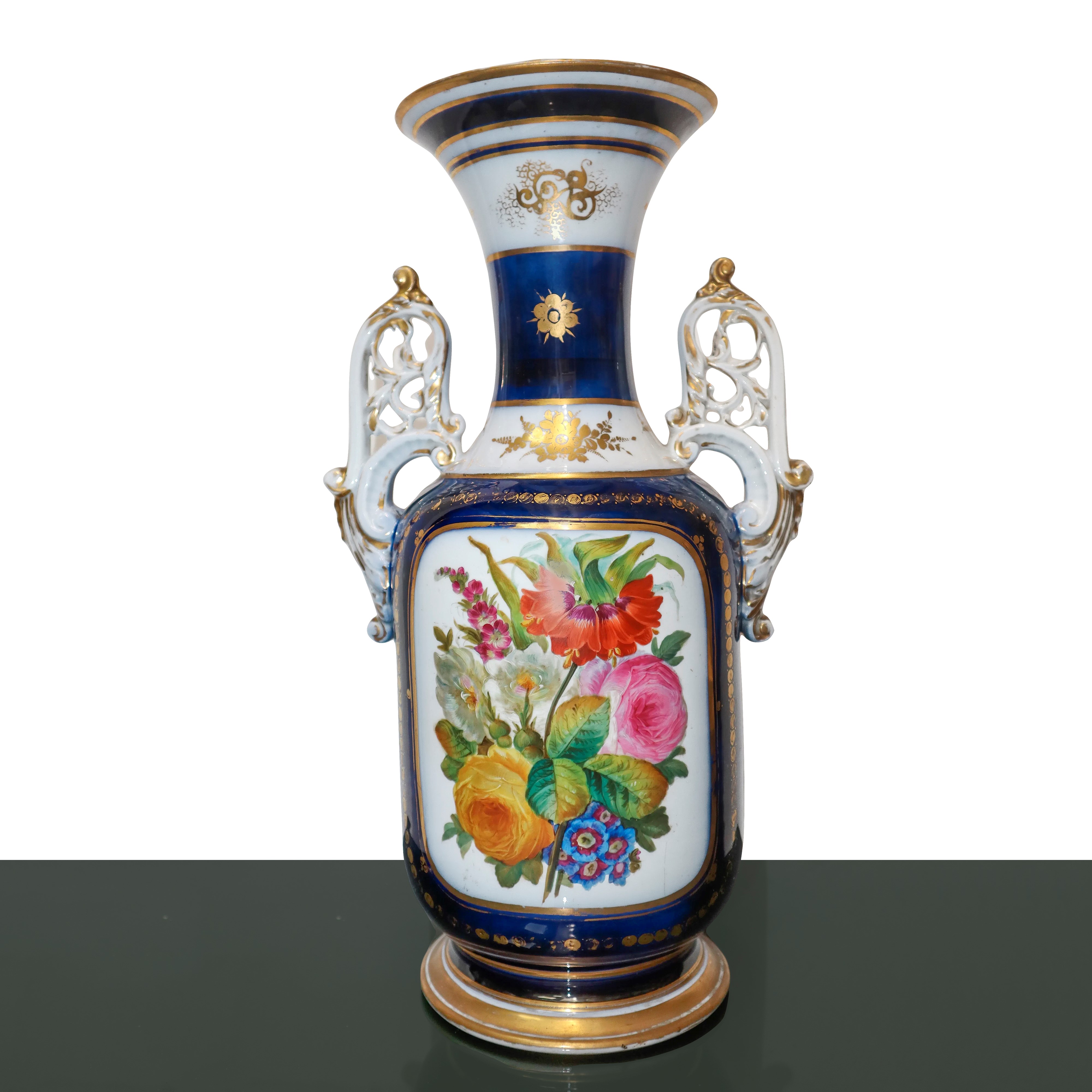 Grande Vaso in Porcellana con i Toni del Blu, Bianco e Oro, Dipinte Scene di Genere e Decorazioni...