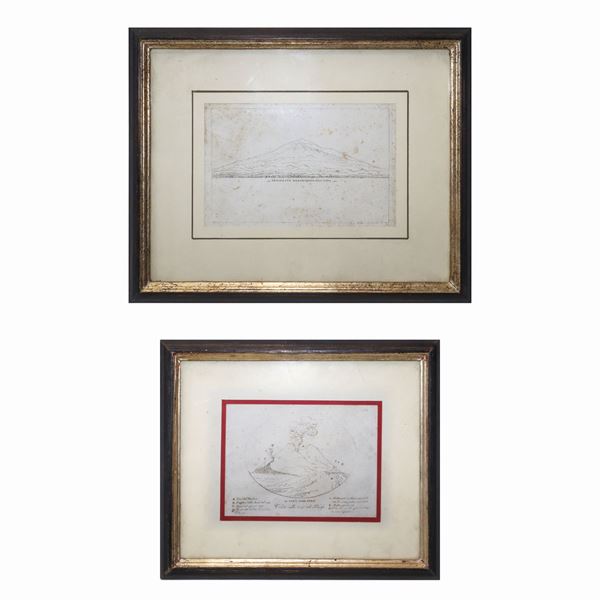 Pair of engravings depicting the volcano cone and the southern facade 