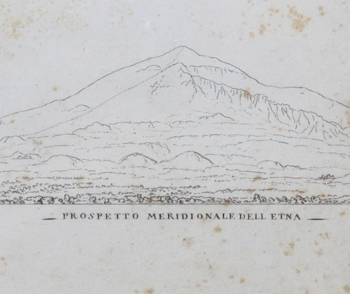 Coppia di incisioni raffiguranti cono del vulcano ed il prospetto meridionale