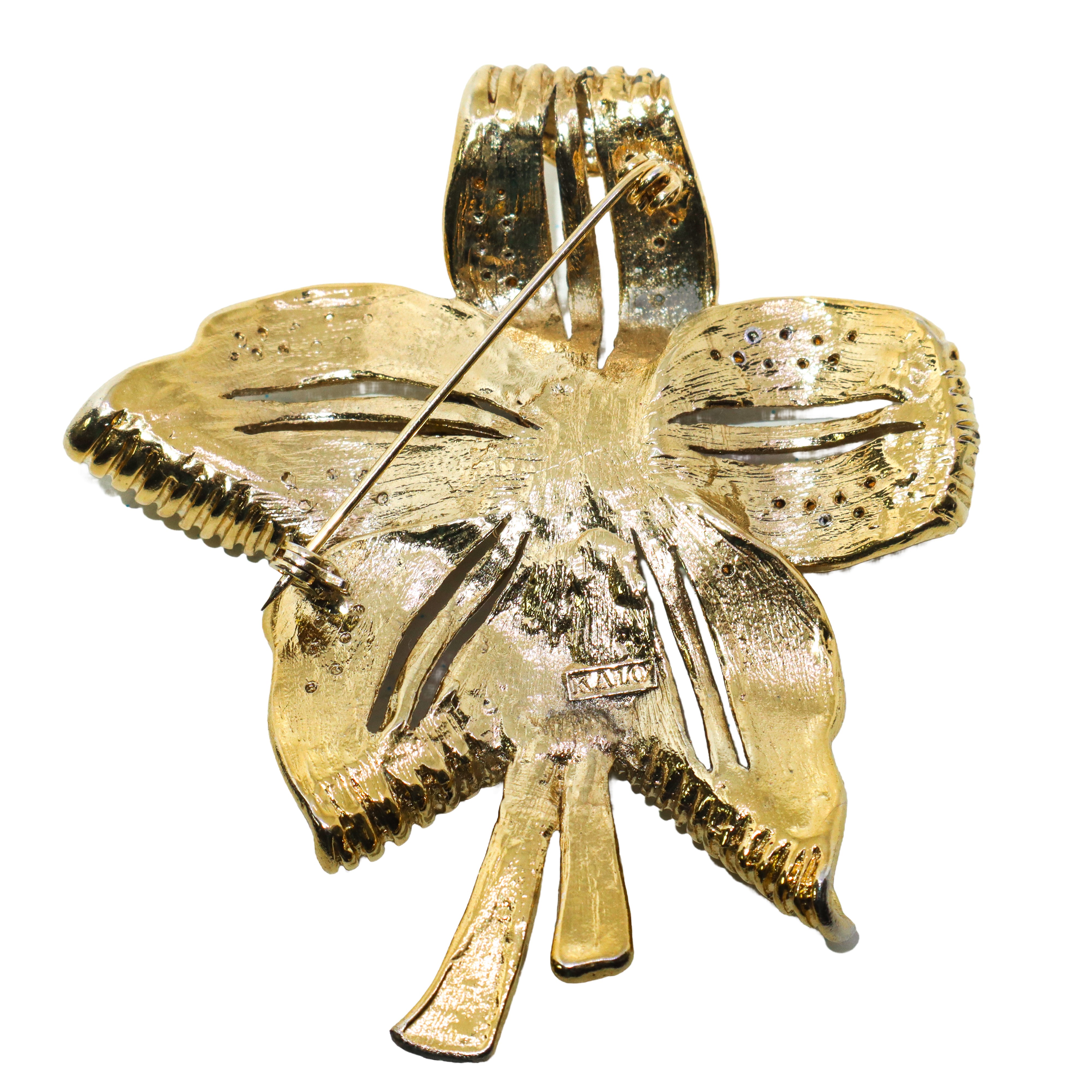 Spilla con fiore dorato, strass e pietre. Kalò bijoux