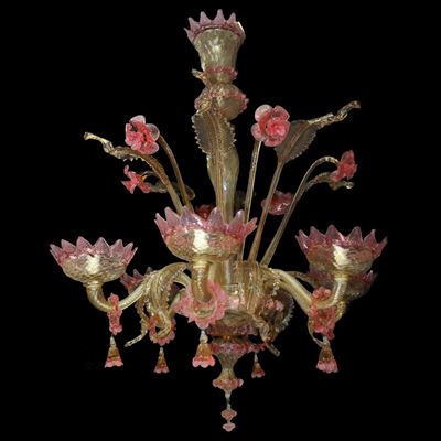 Lampadario in Vetro di Murano Rosa a 6 Luci