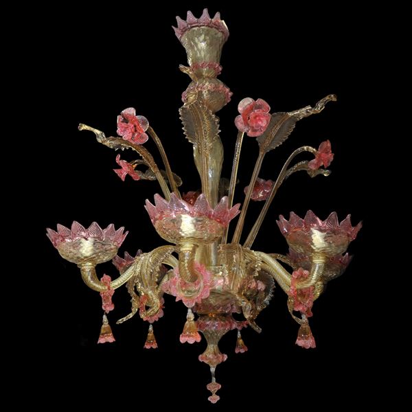 Lampadario in vetro di Murano rosa a 6 luci