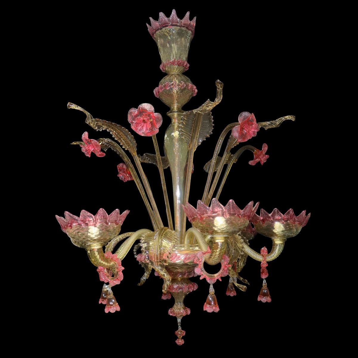 Lampadario in Vetro di Murano Rosa a 6 Luci