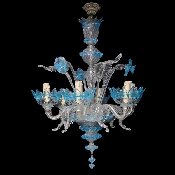 Light blue Murano glass chandelier with 6 lights