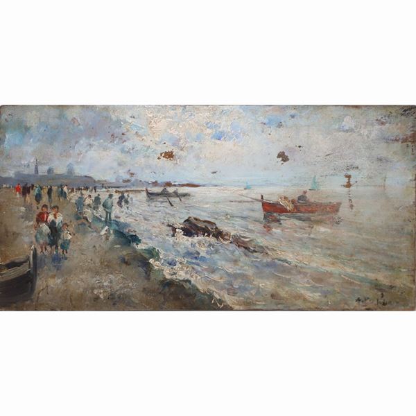 Marina with boats and characters on the beach