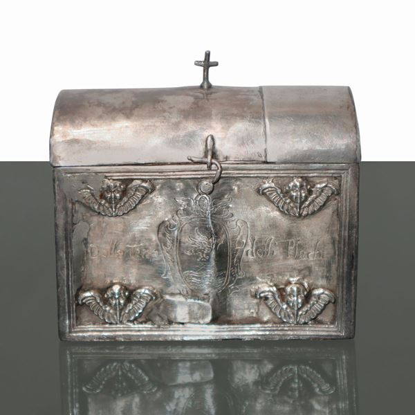 Holy Oil Holder, outer casing in silver, container in metal.