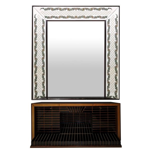 Luigi Brusotti - Mobile bar / sideboard with decorated mirror