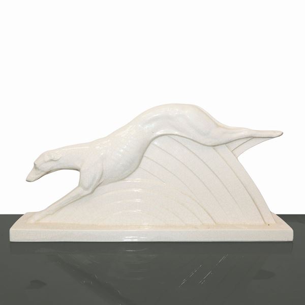 Lemanceau Charles - Running greyhound, sculpture in glazed majolica