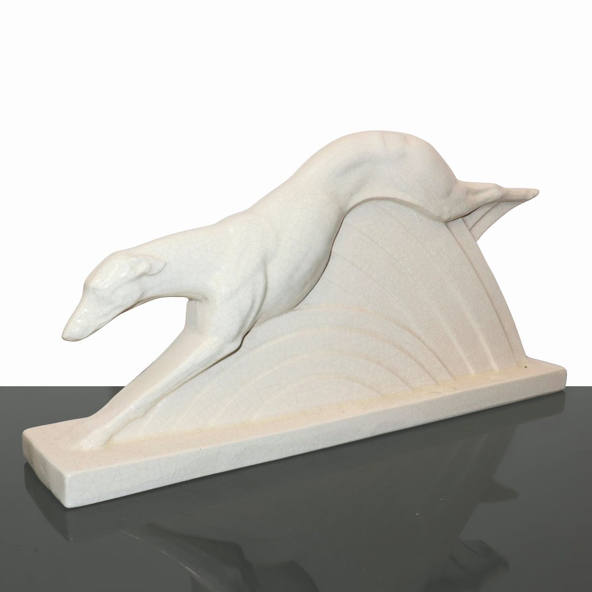 Lemanceau Charles - Levriero in Corsa, Scultura in Maiolica Invetriata