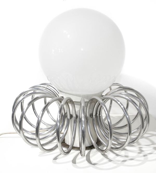 Espedia dis. Angelo Brotto : Structure lamp with aluminum and glass rings.  (70's)  - Auction Design, 20th Century Decorative Arts, Vintage - Casa d'aste La Rosa