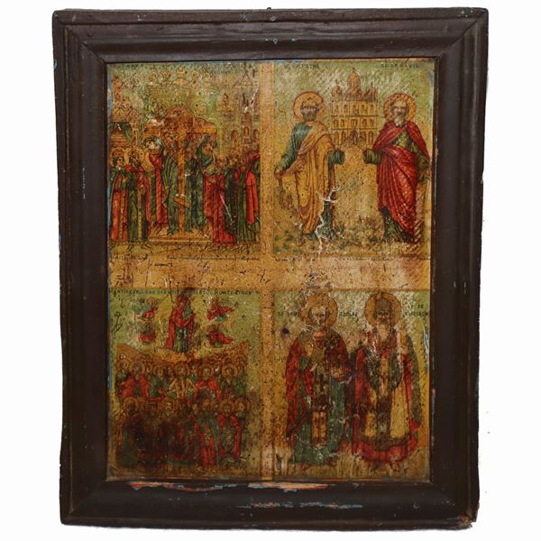 Quadripartite Greek icon with biblical scenes