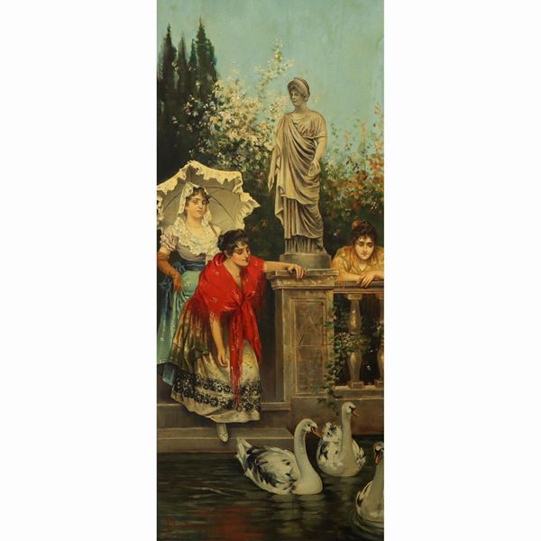 Pilade Bertieri - Donne in giardino con cigni
