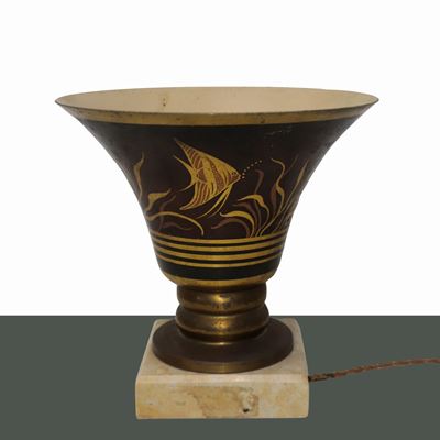 Lampada Art Decò in Ottone Firmata A. Ducobu, con Raffigurazioni di Pesci
