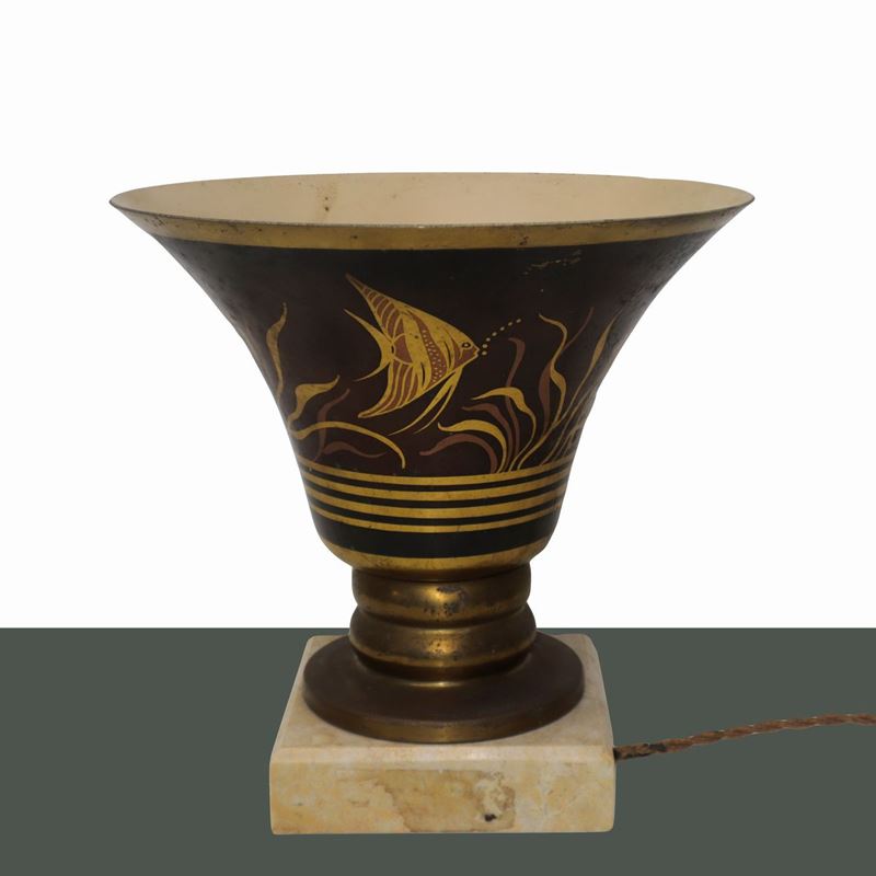 Lampada Art Decò in Ottone Firmata A. Ducobu, con Raffigurazioni di Pesci
