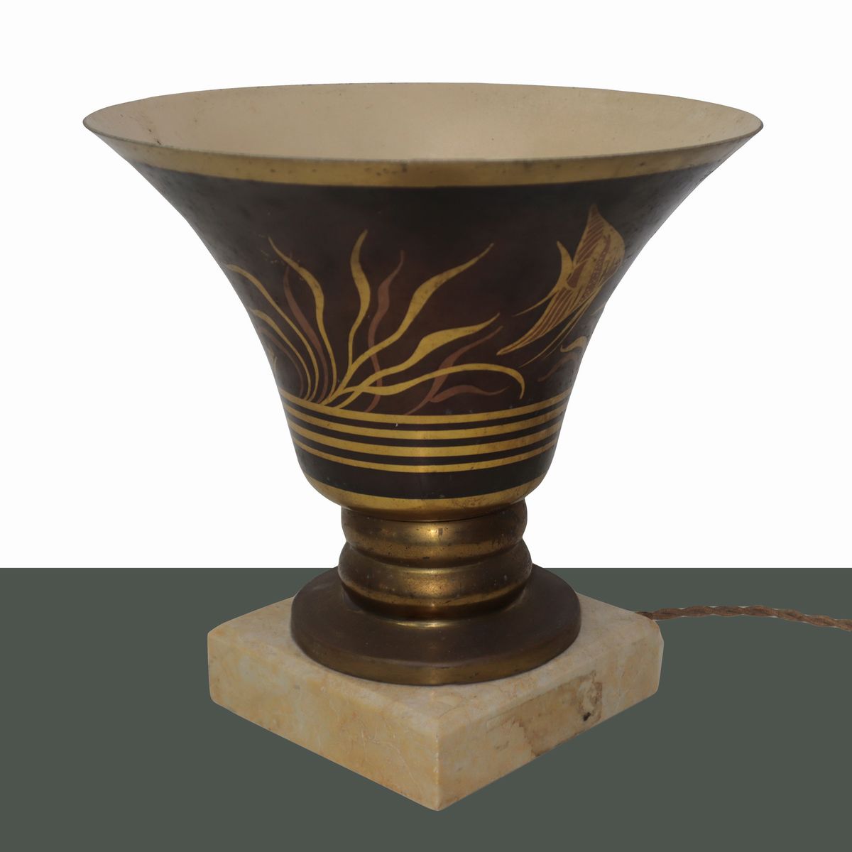 Lampada Art Decò in Ottone Firmata A. Ducobu, con Raffigurazioni di Pesci