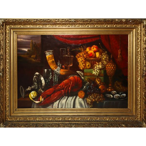 Still life with cornucopia and lobster, in an important frame.