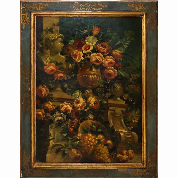 Still life of flowers and statues