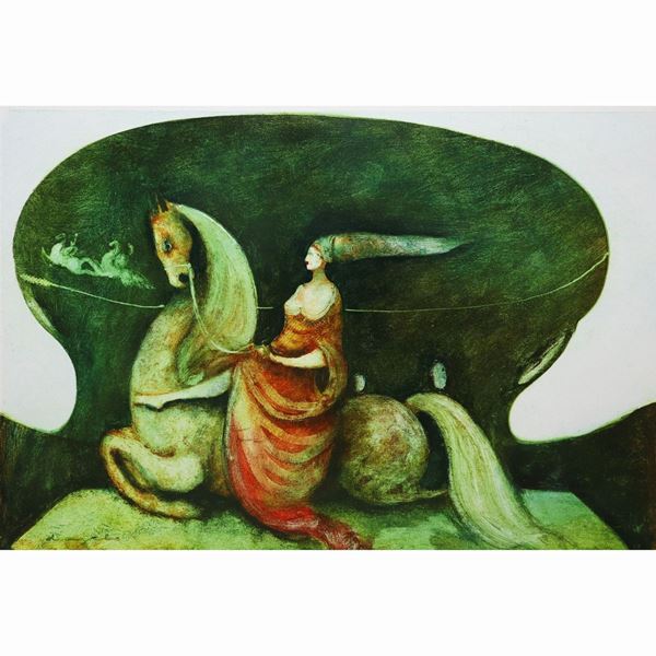 Cesare D'Angelo - Woman on horseback in shades of green