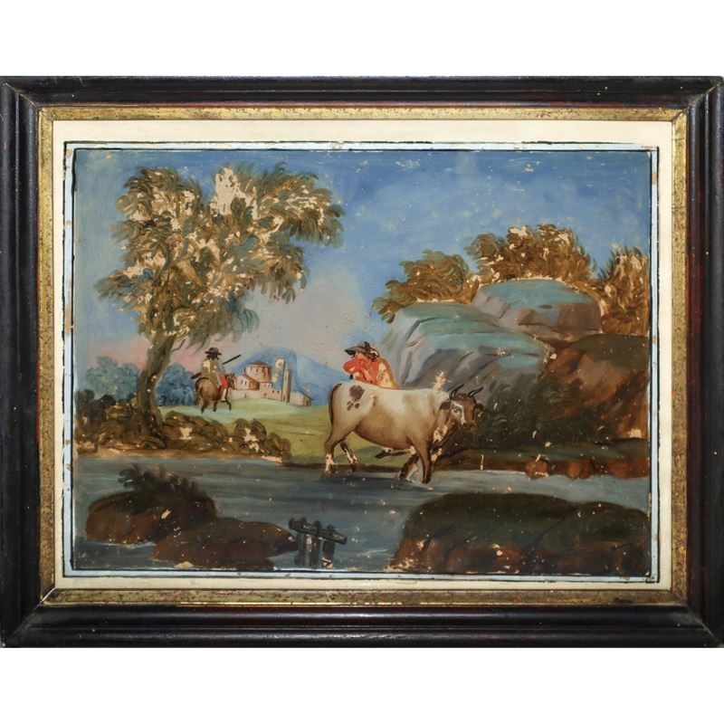 Paesaggio con Persone e Animali, Pittura Ad Olio su Vetro.