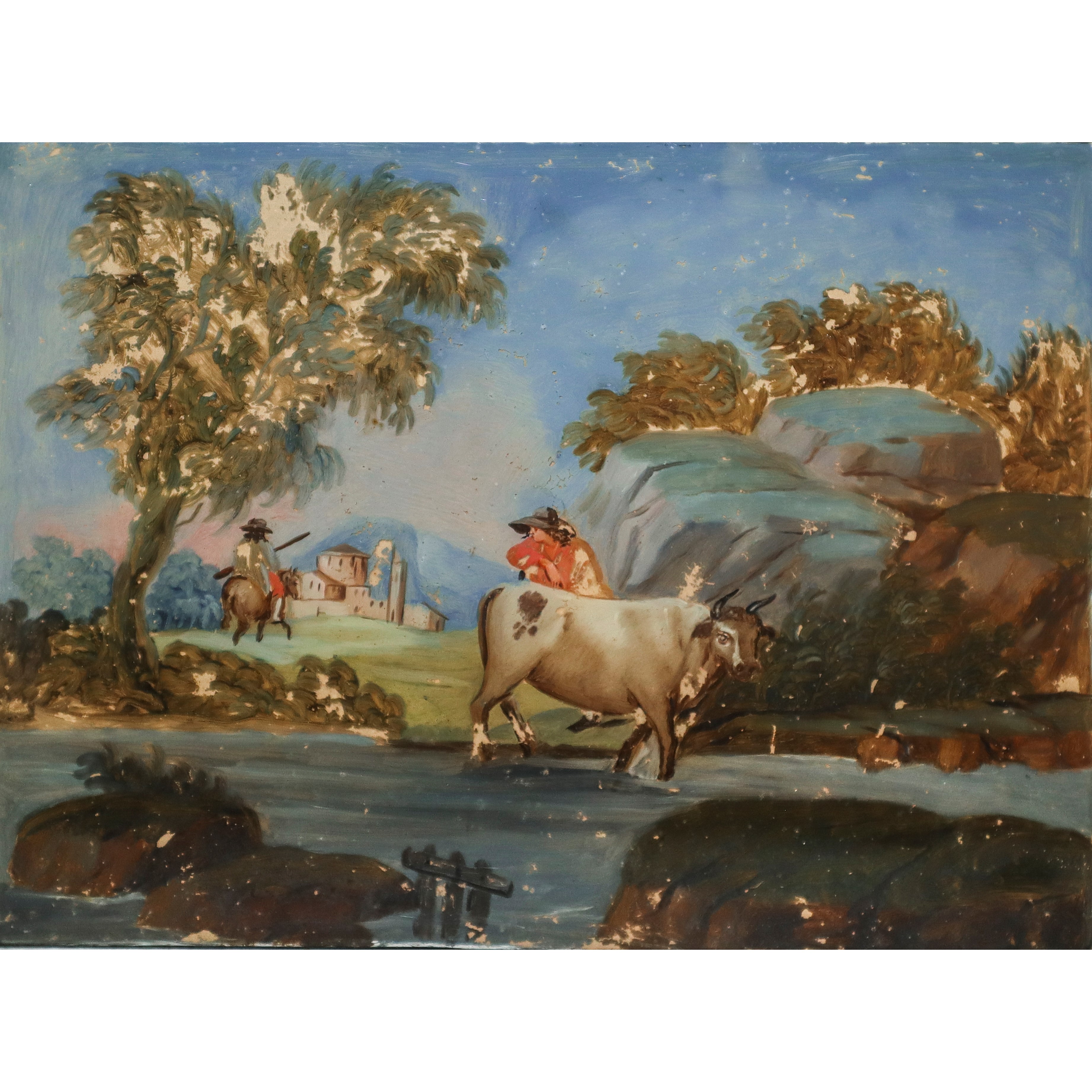 Paesaggio con Persone e Animali, Pittura Ad Olio su Vetro.