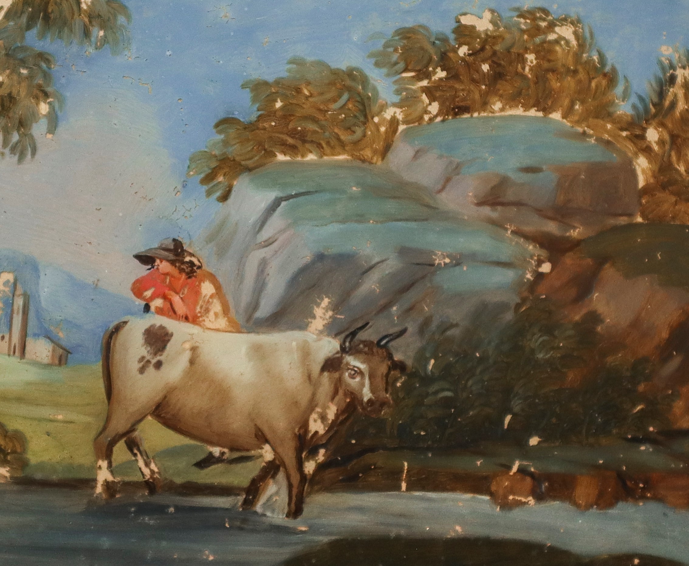 Paesaggio con Persone e Animali, Pittura Ad Olio su Vetro.
