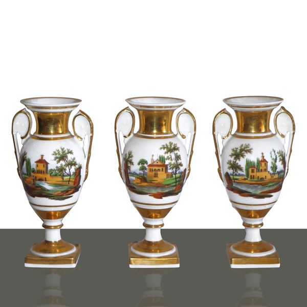 No. 3 vases, Old France, in white and gold porcelain with landscape decorations on both sides.