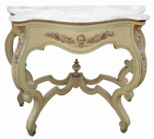 Console lacquered in shades of green with floral decorations